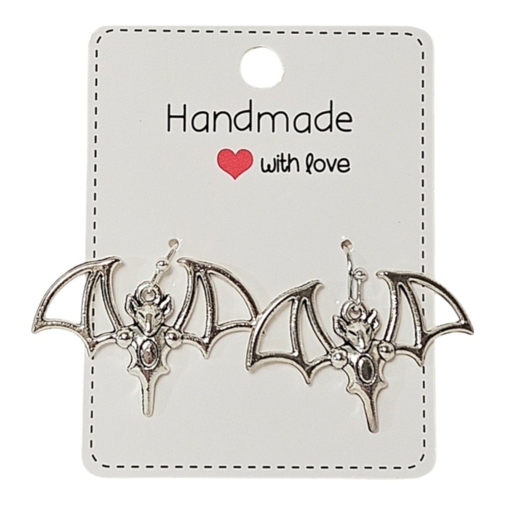 Vampire Bat Dangle Earrings Silver Gothic Halloween Jewelry - Picture 2 of 4